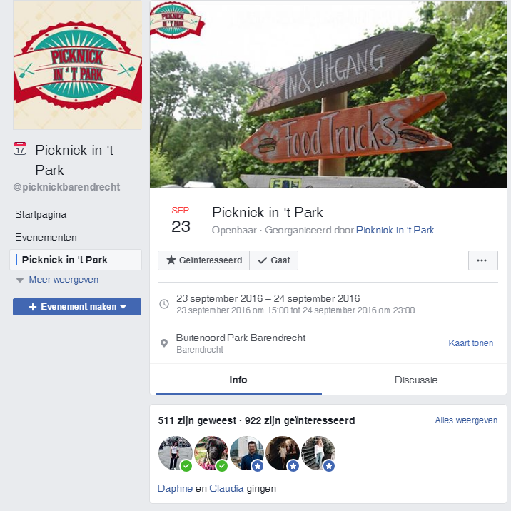 Het Facebookevenement van Picknick in 't Park 2016