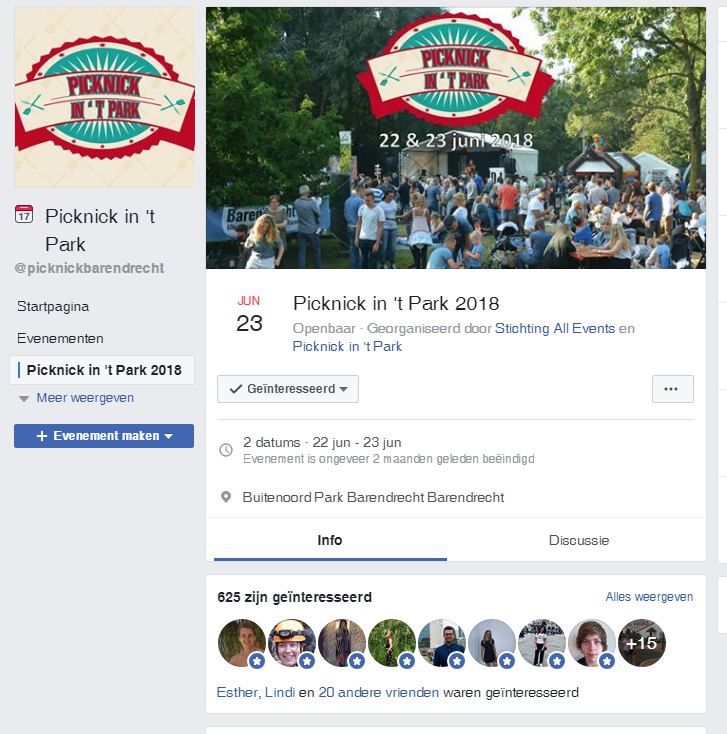 Het Facebook evenement van Picknick in 't Park 2018